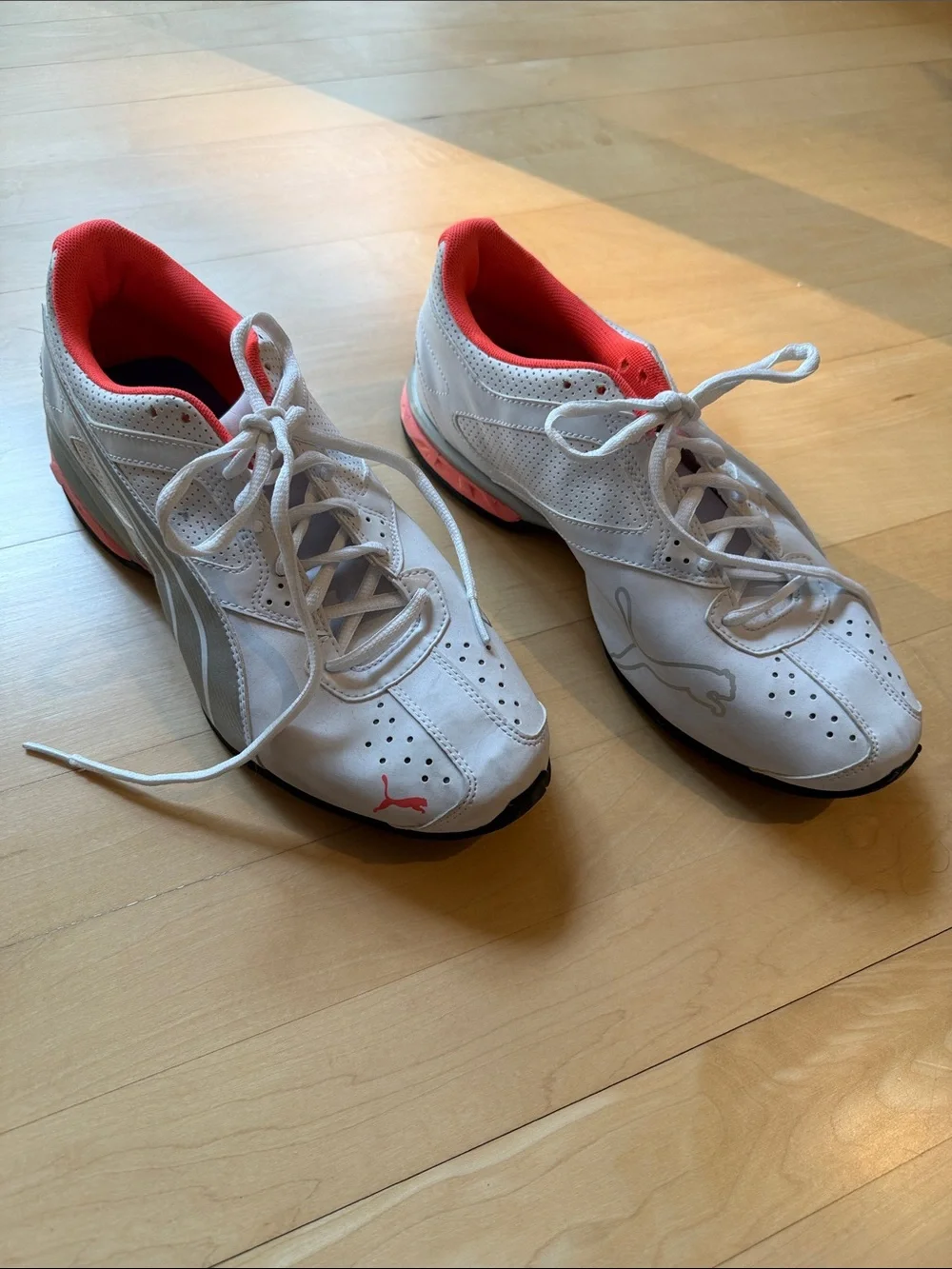 Women's Puma White Athletic Sneakers with Coral Lining, Worn Once